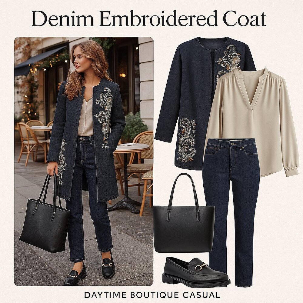 Jessica London Embroidered Denim Coat – (Vintage-Inspired Statement Jacket)